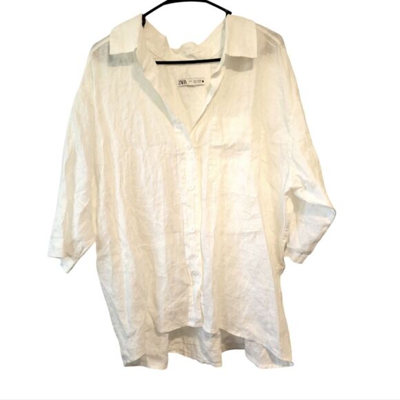 Zara Cream 100% Linen Boxy Button Up Top Size Medium - Picture 1 of 6